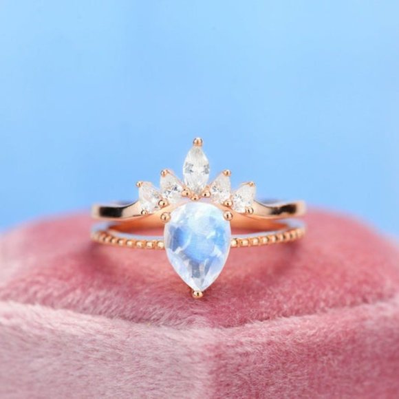 Pear Cut Genuine Moonstone Ring- Two Ring Set - Picture 1 of 8